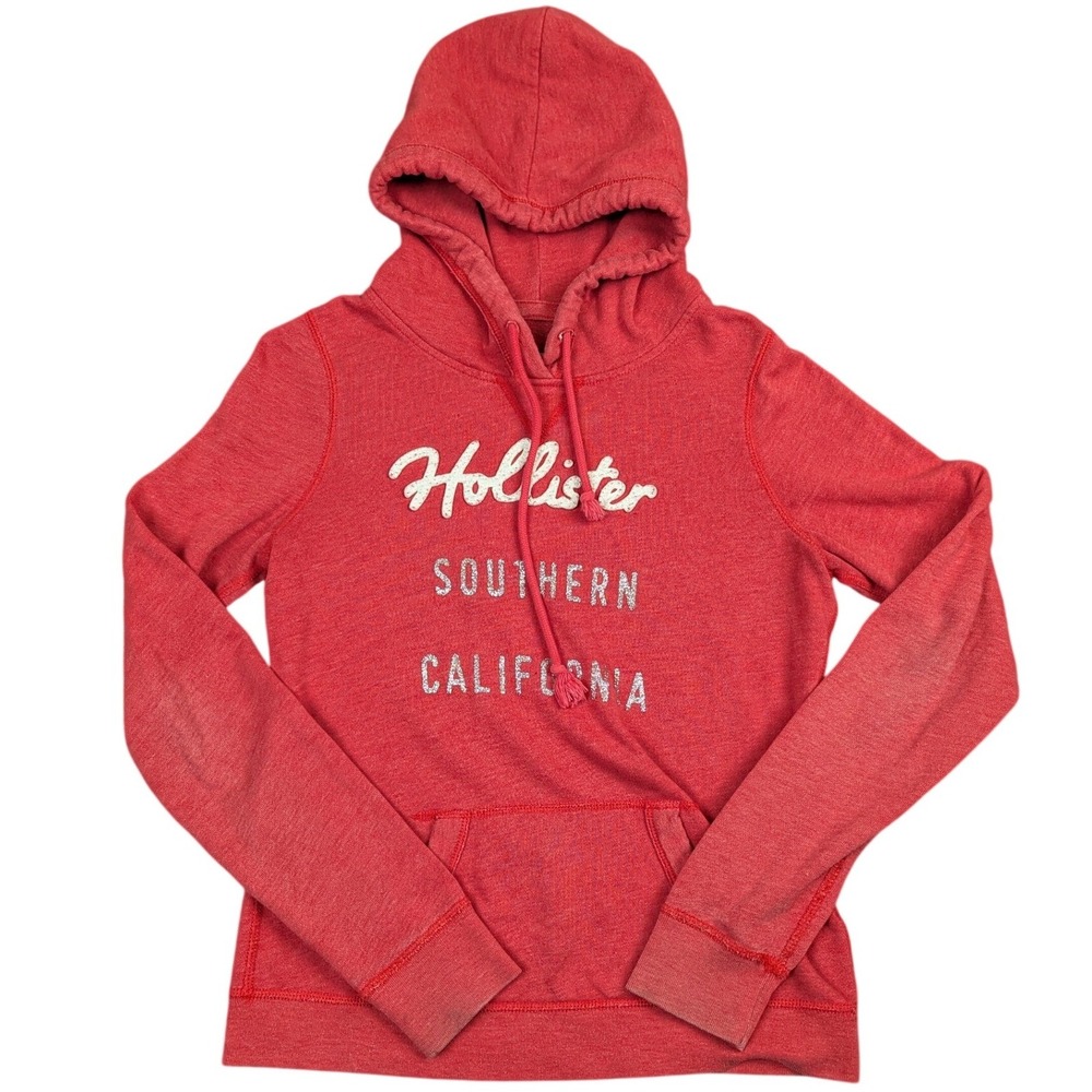Hollister Southern California Red Heathered Chenille Glitter Logo Hoodie Medium